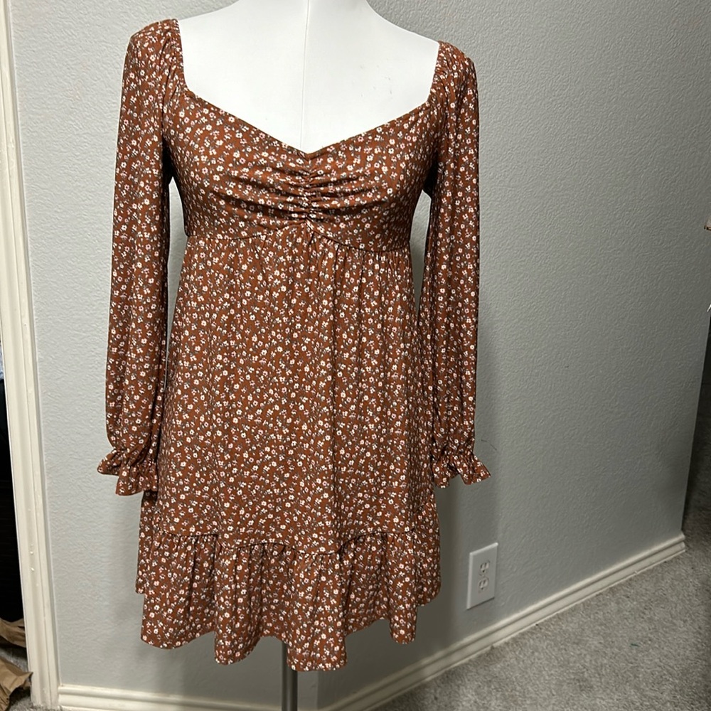 Brown dress  long sleeves. Pullover short dress.  XS. printed As u wish brand.